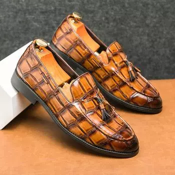 Модные мужские туфли-лоферы с кисточками и круглым носком, черные, коричневые, с крокодиловым узором, деловые, формальные, уличные, мужские, модные, свадебные туфли 6.5 жёлтый