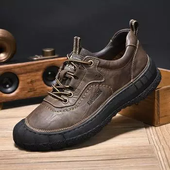 Модные мужские туфли на плоской подошве для отдыха на природе, походная обувь, повседневная обувь из натуральной кожи, нескользящая мужская обувь для походов, модные кроссовки на шнуровке 38 чёрный