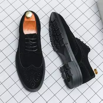 Модные мужские туфли на плоской подошве с резным дизайном, классические деловые кожаные туфли, универсальные летние замшевые мужские мокасины с круглым носком, новые 38 чёрный