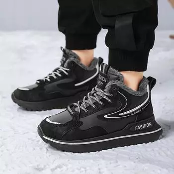 Модные мужские туфли на шнуровке, модные зимние нескользящие ботинки для снега, плюшевые походные ботинки высокого качества, повседневная обувь из меха для мужчин 6.5 чёрный