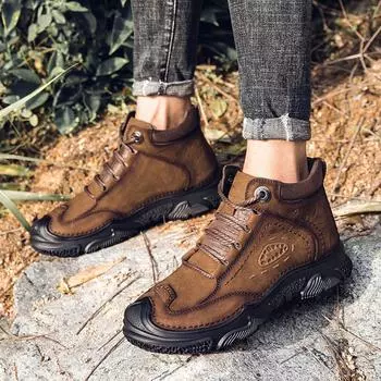 Модные мужские туфли на шнуровке с высоким верхом из натуральной кожи, походные ботинки для мужчин, зимние нескользящие ботинки ручной работы для мужчин, ботильоны 7 коричневый