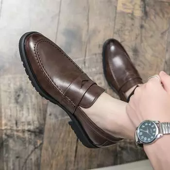 Модные мужские туфли на толстой подошве, кожаные туфли, мужские туфли для прогулок на открытом воздухе, удобные мужские туфли для вечеринок, свадеб, офиса, большого размера 38 чёрный