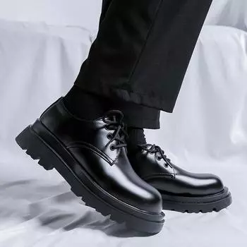 Модные мужские туфли с круглым носком и толстой подошвой из кожи Модный британский стиль Свадебный тренд Вечеринка Отдых на природе Обувь, увеличивающая рост 38 чёрный