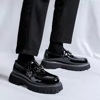 Модные мужские туфли с круглым носком и толстой подошвой из кожи Минималистичные и модные стили для активного отдыха, деловых вечеринок, увеличивающие рост туфли Дерби 38 чёрный