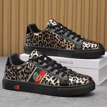 Модные мужские туфли с леопардовым принтом, повседневные туфли для скейтбординга, удобные модные черные туфли с принтом высокого класса 39