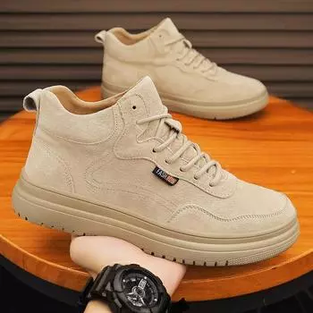 Модные мужские туфли в стиле ретро с высоким верхом на шнуровке, осенние черные рабочие туфли на плоской подошве, мужские ботинки с противоскользящей подошвой, повседневная обувь для активного отдыха, ботинки-пустынники Zapatillas Hombre 7 бежевый