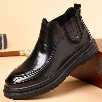 Модные мужские удобные повседневные деловые туфли средней высоты из кожи на осень и зиму Модные мужские ботинки «Челси» с круглым носком на толстой подошве 38 чёрный