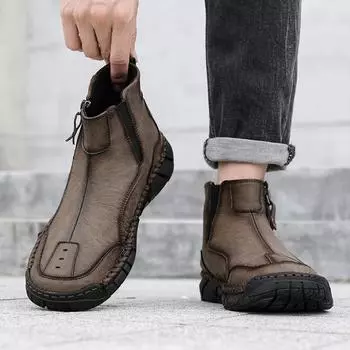 Модные мужские удобные повседневные туфли ручной работы средней высоты с боковой молнией на осень и зиму 39 чёрный