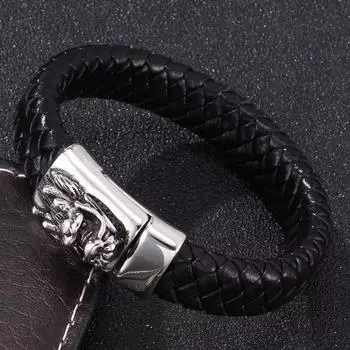 Модные мужские украшения Черный кожаный браслет с подвеской в виде головы дракона из нержавеющей стали с пряжкой Мужские панк-ювелирные изделия 165mm чёрный