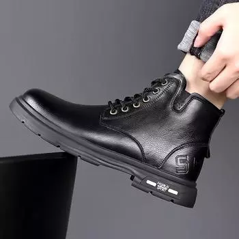 Модные мужские высокие кожаные ботинки, классические уличные ботинки для мотоциклистов, для отдыха, прогулок, мужские ботинки до середины голени, универсальные мужские ботинки для отдыха 38 чёрный