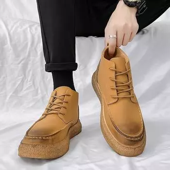 Модные мужские высокие модные ретро кожаные кроссовки трендовые горячие продажи удобная мужская повседневная обувь для отдыха на открытом воздухе нескользящая дышащая мужская обувь 38 чёрный