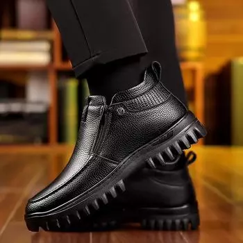 Модные мужские зимние бархатные теплые хлопковые ботинки, кожаные ботинки, мужская теплая деловая кожаная обувь 44 чёрный