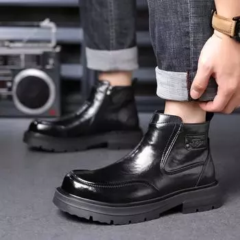 Модные мужские зимние ботинки American RetroTooling Boot Casual Leather Men s Vintage Lace Up Ankle Boots plush Bionic Boots men cotton shoes 38 чёрный