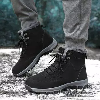 Модные мужские зимние ботинки для снега, водонепроницаемые кожаные кроссовки, супертеплые мужские ботинки на шнуровке, походные ботинки для мужчин, рабочая обувь 6.5 чёрный