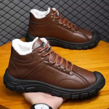 Модные мужские зимние ботинки на толстой подошве 2024 года, новые мужские хлопковые туфли из плюша, теплые, модные, нескользящие, на шнуровке, повседневные хлопковые туфли 39 чёрный