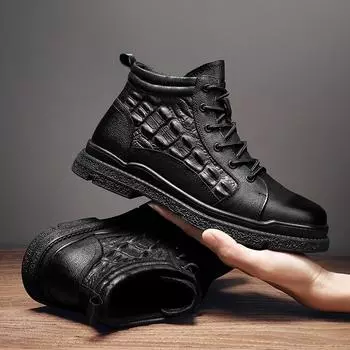 Модные мужские зимние ботинки, удобные зимние ботинки в стиле крокодила, модные мужские кроссовки, обувь для мужчин, качественные мужские ботинки из натуральной кожи с мехом на шнуровке 38