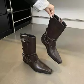 Модные на открытом воздухе новые осенне-зимние однотонные ботинки для женщин 2024 года, высококачественные модные женские ботильоны на квадратном каблуке 35 чёрный