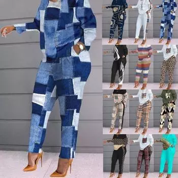 Модные напечатанные комплекты из 2 предметов, осень и зима, новые рубашки с длинным рукавом и длинные брюки, женская одежда, комплект из двух частей для женщин S