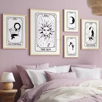 Модные настенные художественные фотографии в стиле ретро, эстетический принт, Небесное Таро, белый и бежевый постер, Забавный постер с Луной, Солнцем, звездами, Настенный декор для влюбленных 21x30cm No Framed