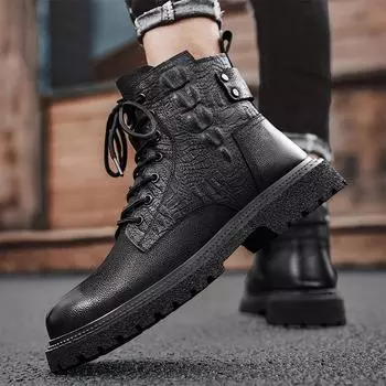 Модные натуральная кожа модные ботинки для мужчин высокие уличные рабочие ботинки высокого качества повседневная обувь осень-зима панк мотоциклетные ботинки 38 чёрный