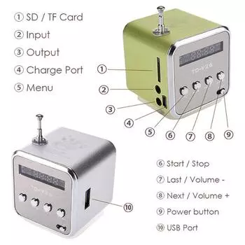 Модные наушники TF Card TD-V26 Мини FM-радио AUX Стерео музыкальный плеер зелёный