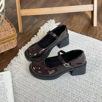 Модные небольшие кожаные туфли с пряжкой из одного слова, женские, весна 2025, новые корейские туфли Мэри Джейн на толстом каблуке 35 чёрный