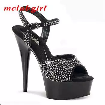 Модные неглубокие босоножки с полым ремешком и кольцом на тонком каблуке, пряжкой и рыбьим ртом, каблук 15 см, платформа 5 см YKC 34 чёрный