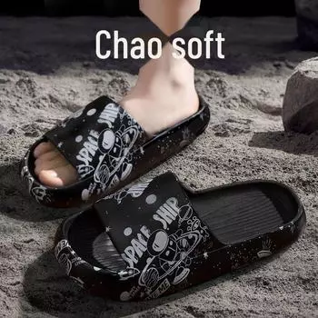 Модные нескользящие мужские и женские домашние и уличные тапочки и шлепанцы на толстой подошве в корейском стиле для ванной и купания 38-39 чёрный