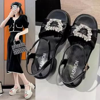 Модные нежные туфли с кристаллами и пряжками, женские брендовые сандалии на плоской подошве, сандалии на толстой подошве 2024 года, студенческие туфли на платформе 35 бежевый