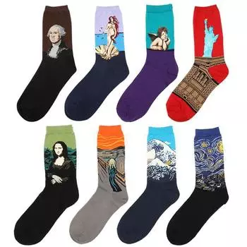 Модные носки, новинка, знаменитые носки с масляной живописью, женские и мужские носки унисекс, хлопковые носки One Size
