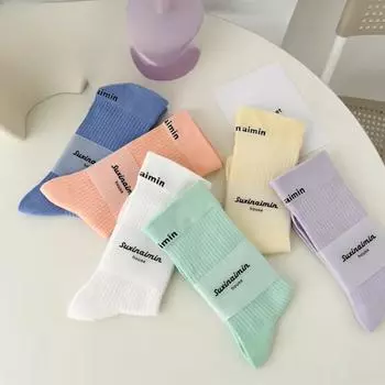 Модные носки с буквенным принтом, женские хлопковые дышащие спортивные носки, средние носки, однотонные длинные носки в японском спортивном стиле жёлтый