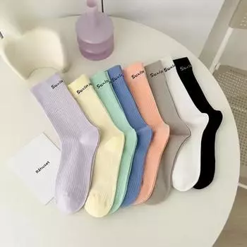 Модные носки с буквенным принтом, женские хлопковые дышащие спортивные носки, средние носки, однотонные длинные носки в японском спортивном стиле жёлтый