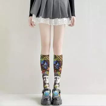 Модные носки с татуировкой на бедрах, чулки с принтом, девушки Лоли, японские сексуальные чулки, тонкие модели, разные размеры One size