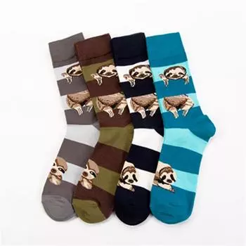 Модные носки в полоску с рисунком животных из мультфильмов и ленивцем, высококачественные вентилируемые хлопковые носки Sokken синий