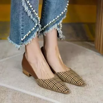 Модные НОВЫЕ женские туфли на плоской подошве Весенняя мода Клетчатые туфли-лодочки Лоскутные туфли без застежек Винтажная жаккардовая ткань Женская обувь 35 коричневый