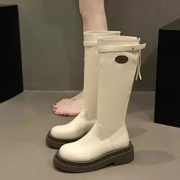 Модные новинки 2024 года, зимние женские сапоги длиной до колена, с застежкой-молнией сзади, на квадратном каблуке, с круглым носком, на платформе, для женщин Botines De Mujer 35 бежевый