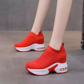 Модные новые 2024 дышащие женские носки, летние удобные кроссовки, туфли на танкетке 8 см, осенние ботильоны на платформе, белые сетчатые туфли 34 чёрный