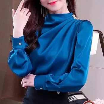 Модные новые блузки, рубашки, весна-осень, длинный рукав, воротник-стойка, офисная женская шифоновая блузка, рубашка, женские топы J363 S синий