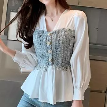 Модные новые блузки весна осень длинный рукав V-образный вырез белая сплайсированная блузка рубашка женские топы J362 S белый