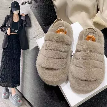 Модные новые большие размеры 6 см толстые эластичные каблуки с тапочками женские теплые плюшевые тапочки для улицы дома 35 хаки