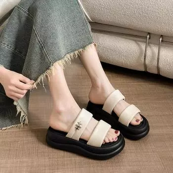 Модные новые босоножки, женская обувь, летние туфли на каблуках средней длины, женские бежевые туфли на танкетке, кексы, универсальные, новые модные туфли для девочек среднего возраста 35 белый