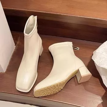 Модные новые ботинки челси для женщин, модные ботинки на толстом каблуке с квадратным носком, женские ботильоны на каблуке, женские бархатные ботинки 35 бежевый