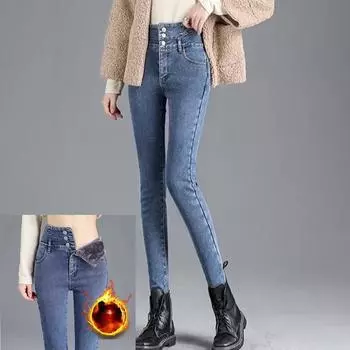 Модные новые черные бархатные джинсы женские осенне-зимние с высокой талией, облегающие обтягивающие брюки-карандаш из плюшевого денима, женские винтажные повседневные джинсы 25294 26 чёрный