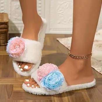 Модные новые цветочные женские домашние хлопковые тапочки теплые туфли на плоской подошве зима 2024 новые модные повседневные короткие плюшевые удобные тапочки 36-37 чёрный