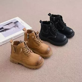 Модные новые детские модные ботинки зимние утолщенные нескользящие теплые кожаные ботинки для мальчиков и девочек с боковой молнией однотонные детские повседневные туфли 26 жёлтый