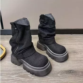 Модные новые джинсовые дышащие ботильоны женские 2024 осенние ботинки на толстом каблуке с нескользящей платформой для женщин модные байкерские ботинки с застежкой-молнией 35 синий