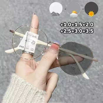 Модные новые фотохромные мультифокальные очки, модные очки для чтения, меняющие цвет, винтажные круглые солнцезащитные очки для пресбиопии +1,0+3,5 3.5