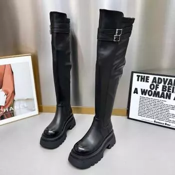 Модные новые износостойкие нескользящие зимние женские сапоги с круглым носком, однотонные, 2024, горячая распродажа, модные женские сапоги выше колена с застежкой-молнией сзади 35 чёрный