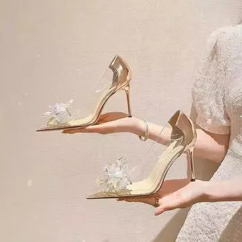 Модные новые изысканные женские туфли на высоком каблуке с острым тонким каблуком, прозрачные туфли с бантом из водного бриллианта для ночного клуба и танцев на высоком каблуке 34 серебряный