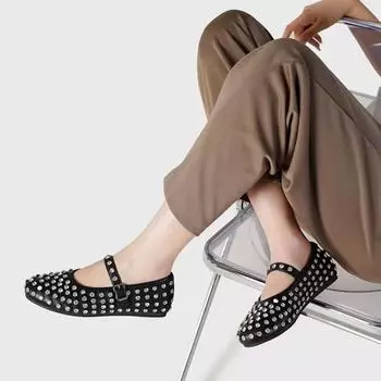 Модные новые классические туфли для женщин, трендовые балетки, повседневные кожаные стильные женские туфли с кристаллами и скелетонами 35 чёрный
